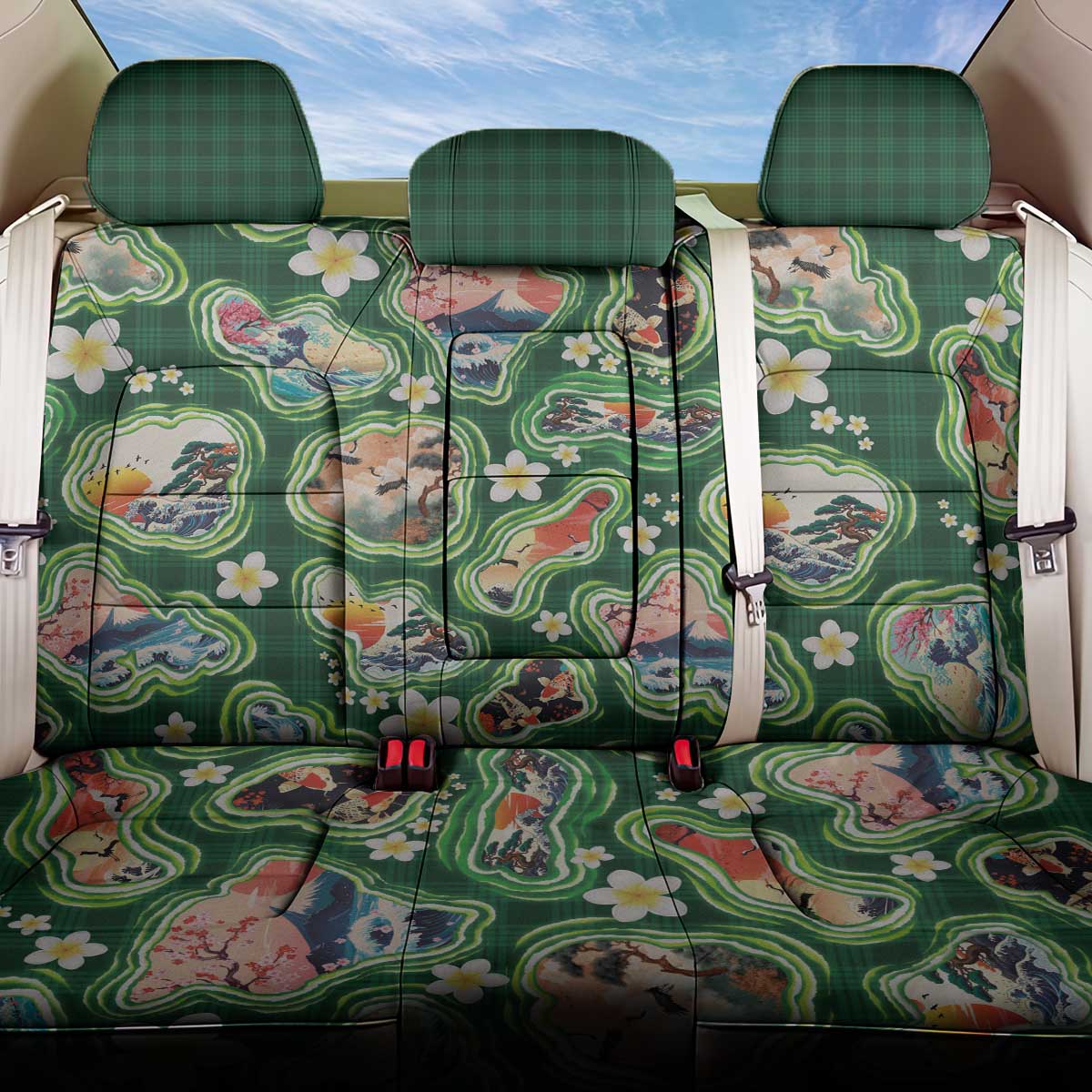 Hawaiian and Japanese Culture Together Back Car Seat Cover Hawaiian Island Shapes with Japanese Landscape Green Color