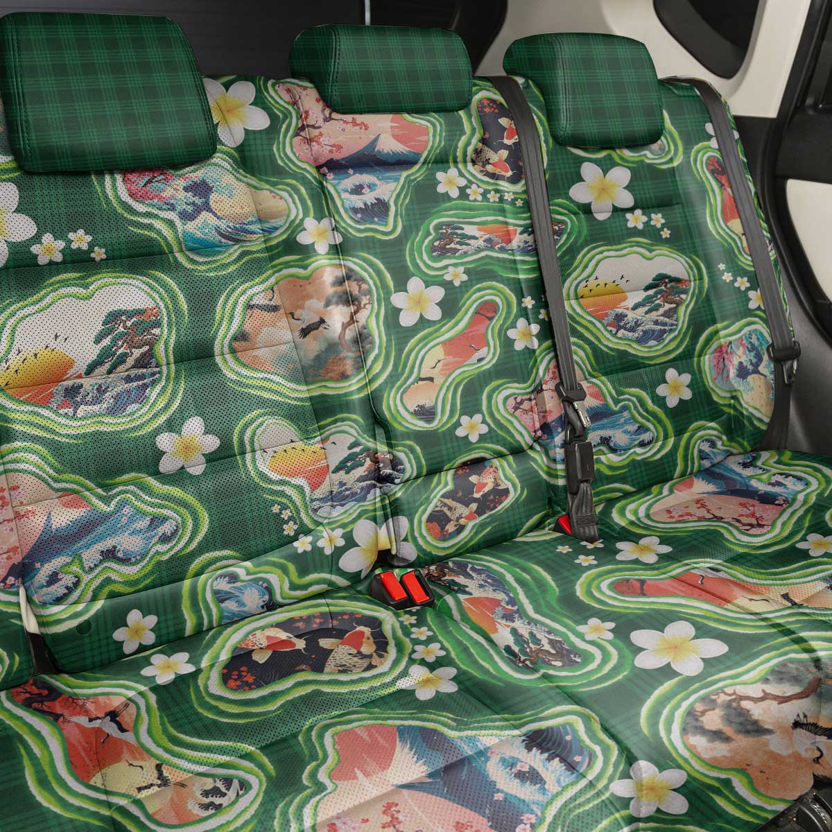 Hawaiian and Japanese Culture Together Back Car Seat Cover Hawaiian Island Shapes with Japanese Landscape Green Color