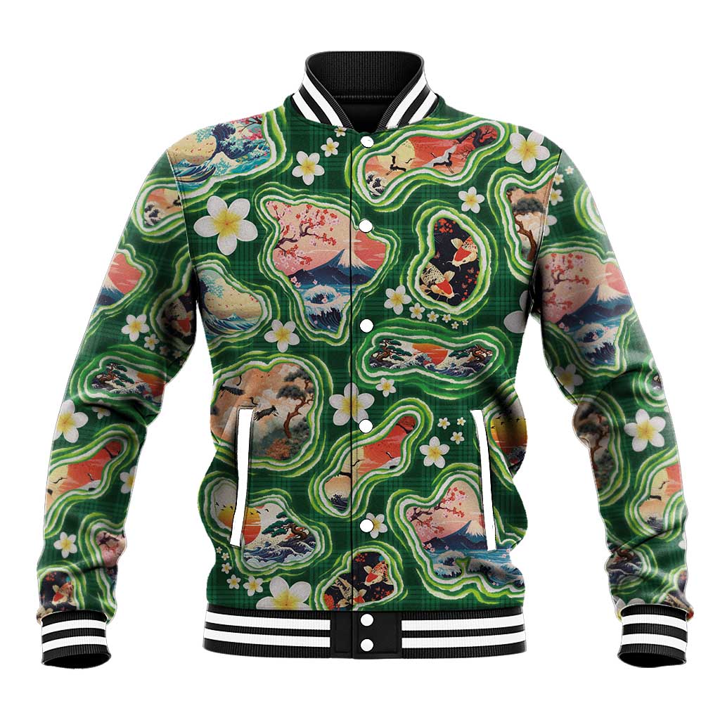 Hawaiian and Japanese Culture Together Baseball Jacket Hawaiian Island Shapes with Japanese Landscape Green Color LT03 Unisex Green - Polynesian Pride