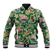 Hawaiian and Japanese Culture Together Baseball Jacket Hawaiian Island Shapes with Japanese Landscape Green Color