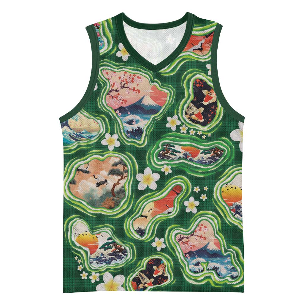 Hawaiian and Japanese Culture Together Basketball Jersey Hawaiian Island Shapes with Japanese Landscape Green Color