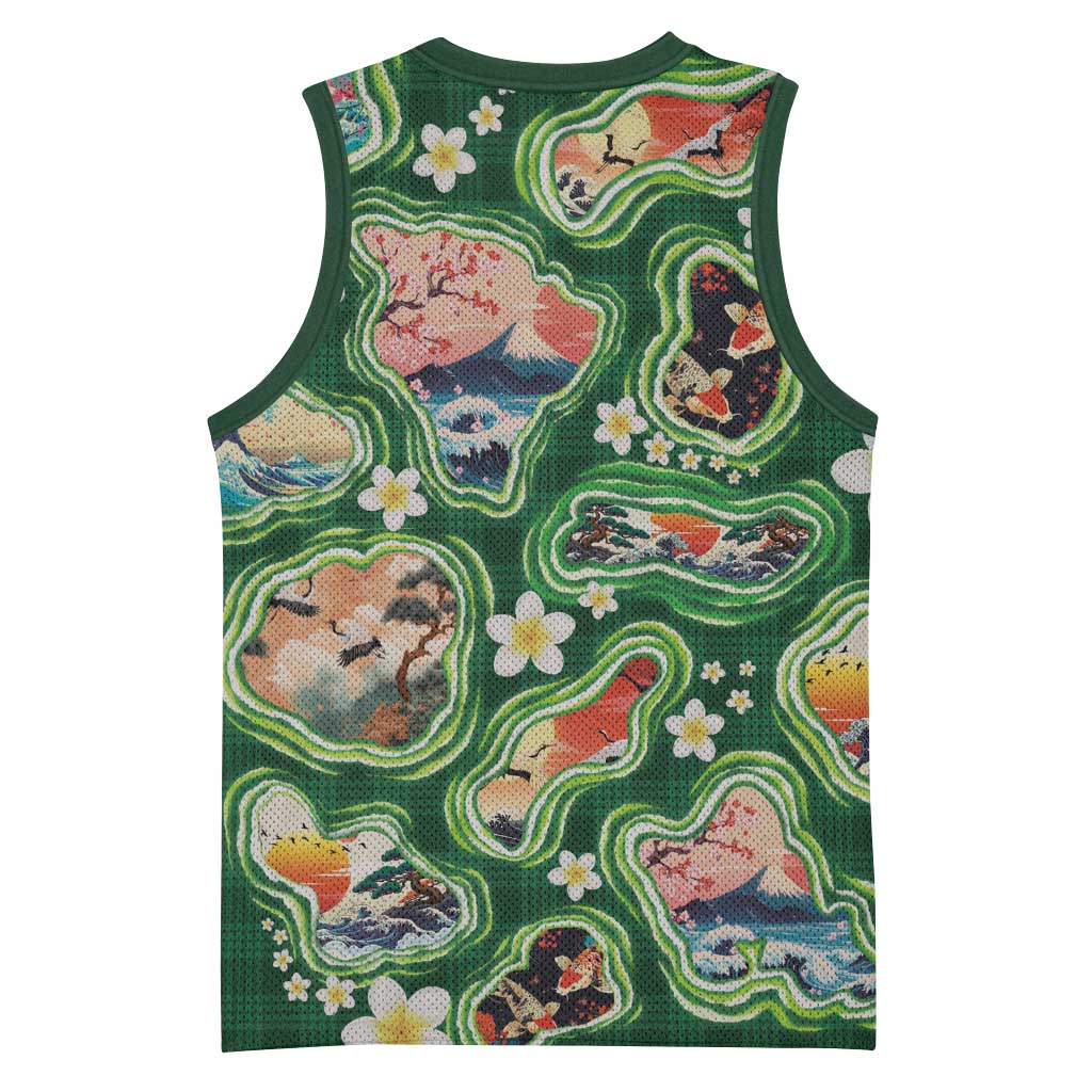 Hawaiian and Japanese Culture Together Basketball Jersey Hawaiian Island Shapes with Japanese Landscape Green Color