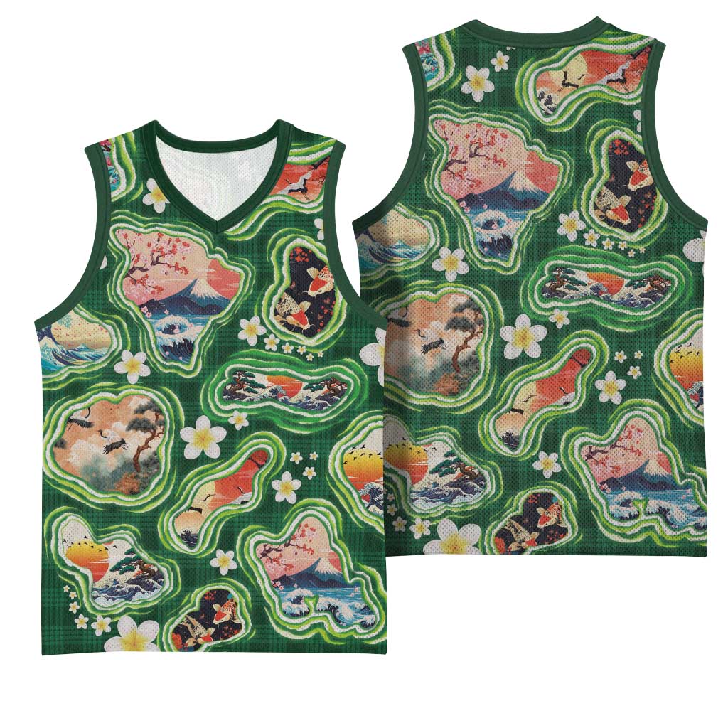 Hawaiian and Japanese Culture Together Basketball Jersey Hawaiian Island Shapes with Japanese Landscape Green Color