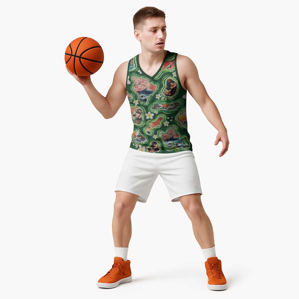 Hawaiian and Japanese Culture Together Basketball Jersey Hawaiian Island Shapes with Japanese Landscape Green Color