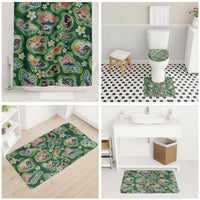 Hawaiian and Japanese Culture Together Bathroom Set Hawaiian Island Shapes with Japanese Landscape Green Color