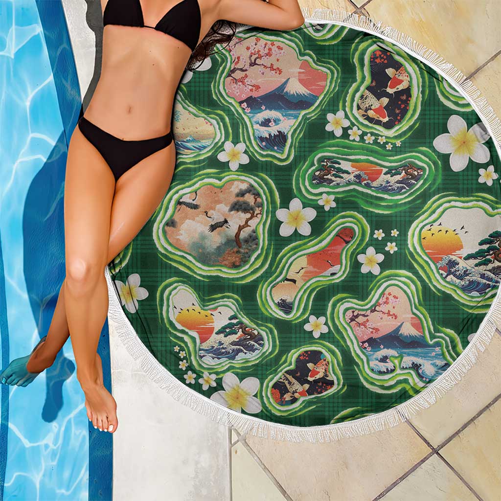 Hawaiian and Japanese Culture Together Beach Blanket Hawaiian Island Shapes with Japanese Landscape Green Color