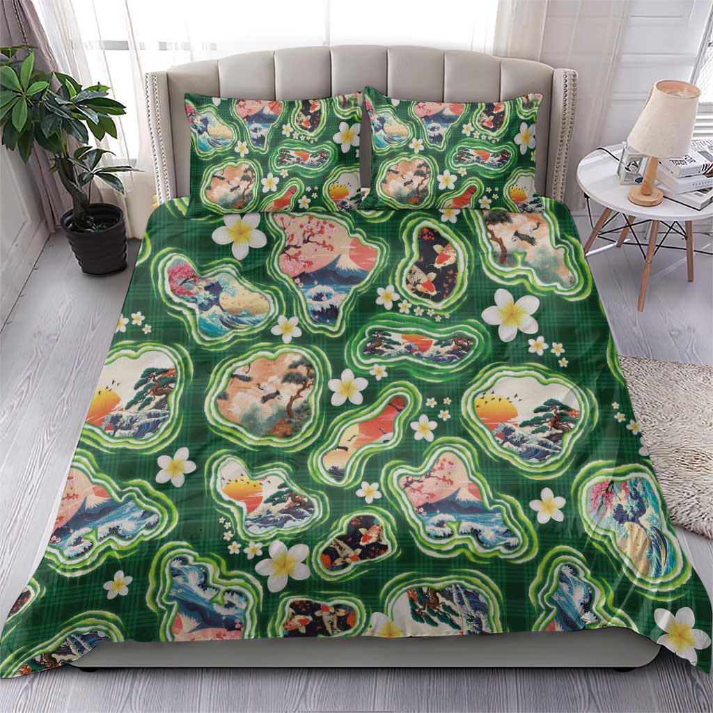 Hawaiian and Japanese Culture Together Bedding Set Hawaiian Island Shapes with Japanese Landscape Green Color