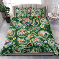 Hawaiian and Japanese Culture Together Bedding Set Hawaiian Island Shapes with Japanese Landscape Green Color
