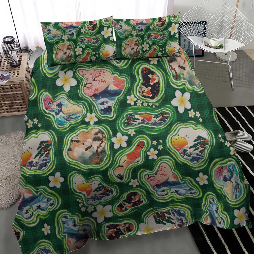 Hawaiian and Japanese Culture Together Bedding Set Hawaiian Island Shapes with Japanese Landscape Green Color