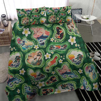 Hawaiian and Japanese Culture Together Bedding Set Hawaiian Island Shapes with Japanese Landscape Green Color