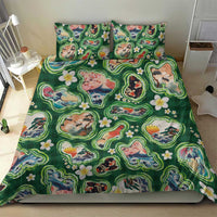 Hawaiian and Japanese Culture Together Bedding Set Hawaiian Island Shapes with Japanese Landscape Green Color
