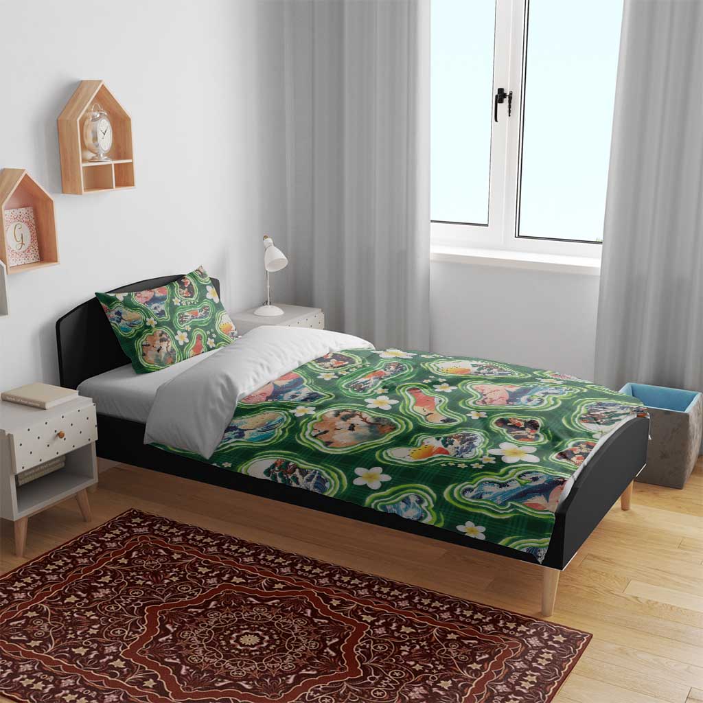 Hawaiian and Japanese Culture Together Bedding Set Hawaiian Island Shapes with Japanese Landscape Green Color