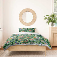 Hawaiian and Japanese Culture Together Bedding Set Hawaiian Island Shapes with Japanese Landscape Green Color