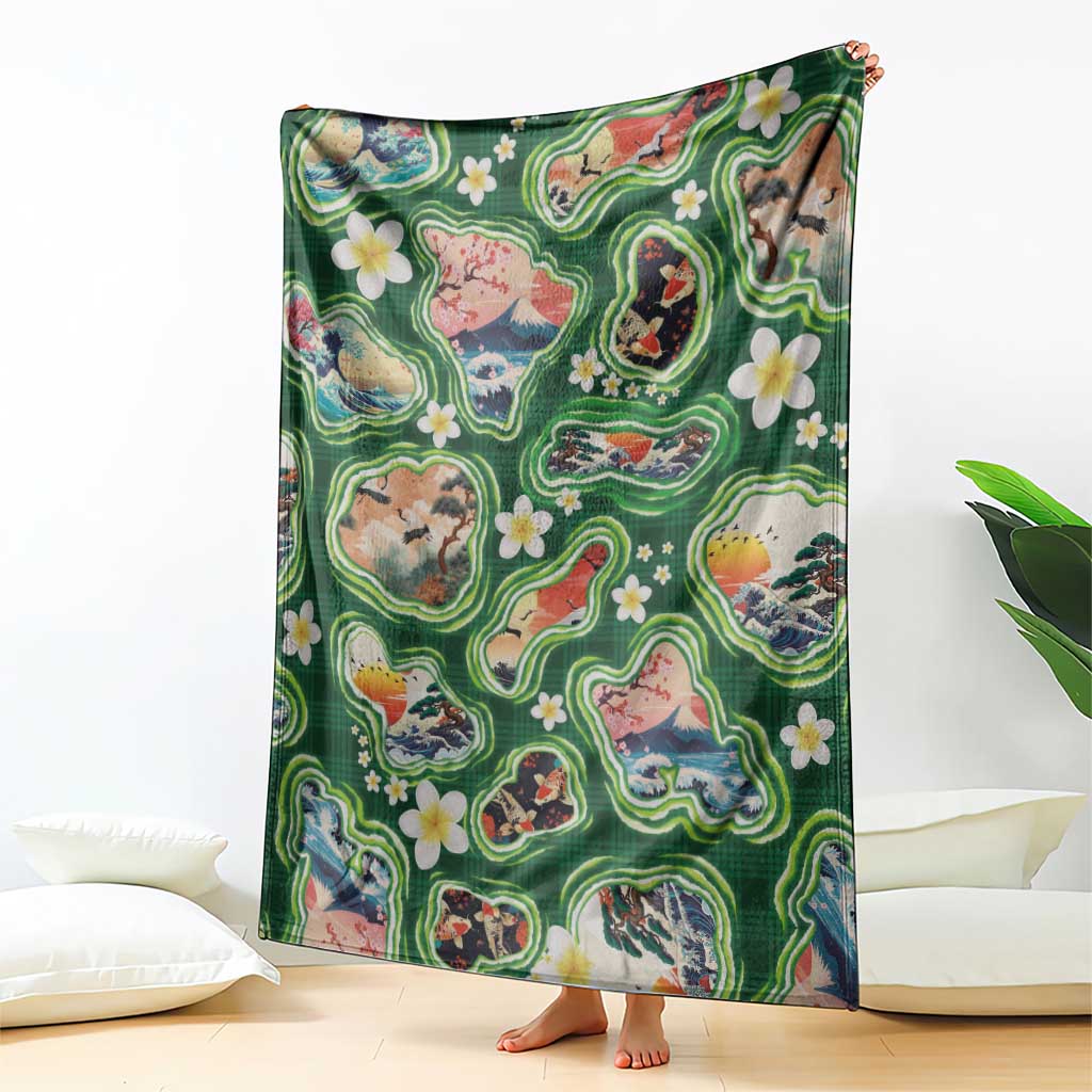 Hawaiian and Japanese Culture Together Blanket Hawaiian Island Shapes with Japanese Landscape Green Color