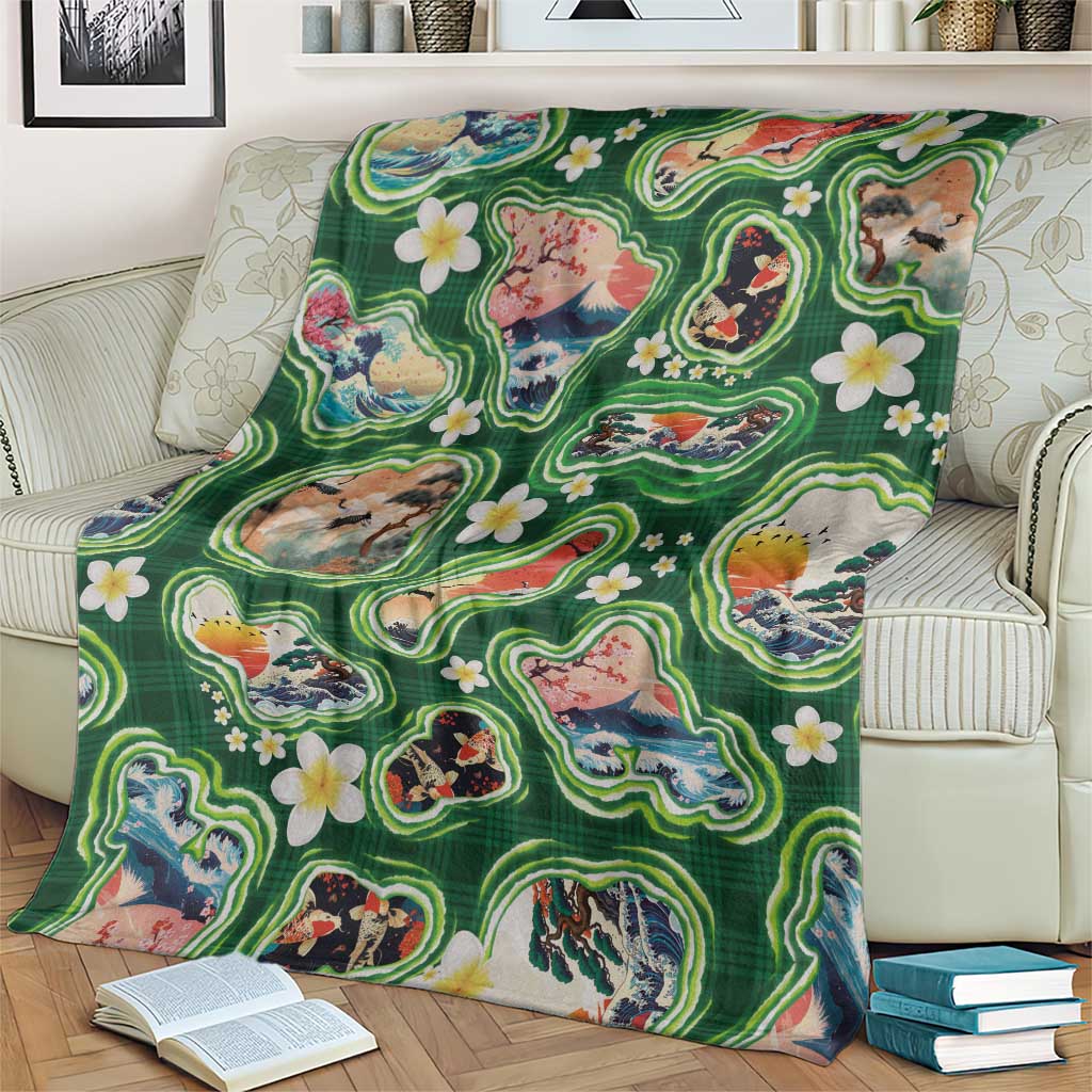 Hawaiian and Japanese Culture Together Blanket Hawaiian Island Shapes with Japanese Landscape Green Color