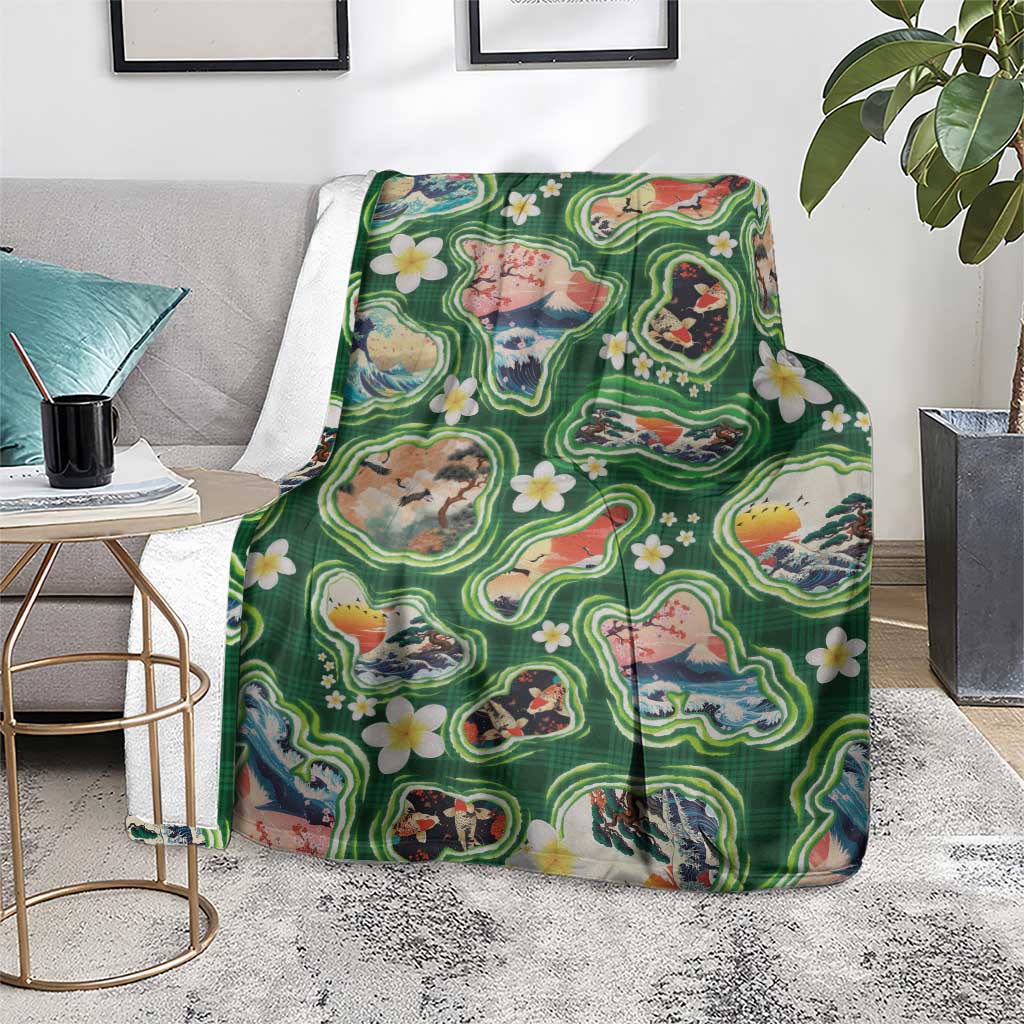 Hawaiian and Japanese Culture Together Blanket Hawaiian Island Shapes with Japanese Landscape Green Color