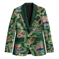 Hawaiian and Japanese Culture Together Blazer Hawaiian Island Shapes with Japanese Landscape Green Color