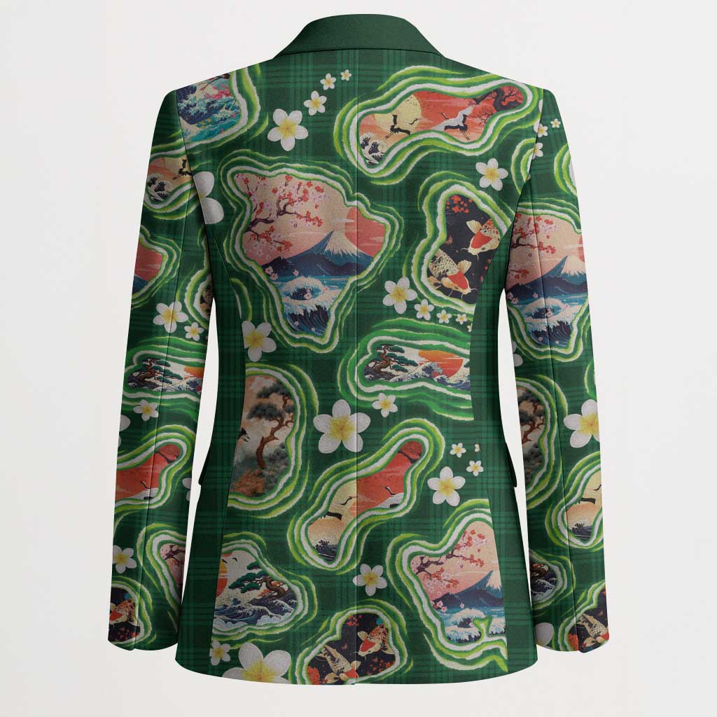 Hawaiian and Japanese Culture Together Blazer Hawaiian Island Shapes with Japanese Landscape Green Color
