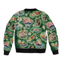 Hawaiian and Japanese Culture Together Bomber Jacket Hawaiian Island Shapes with Japanese Landscape Green Color
