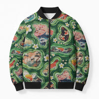 Hawaiian and Japanese Culture Together Bomber Puffer Jacket Hawaiian Island Shapes with Japanese Landscape Green Color