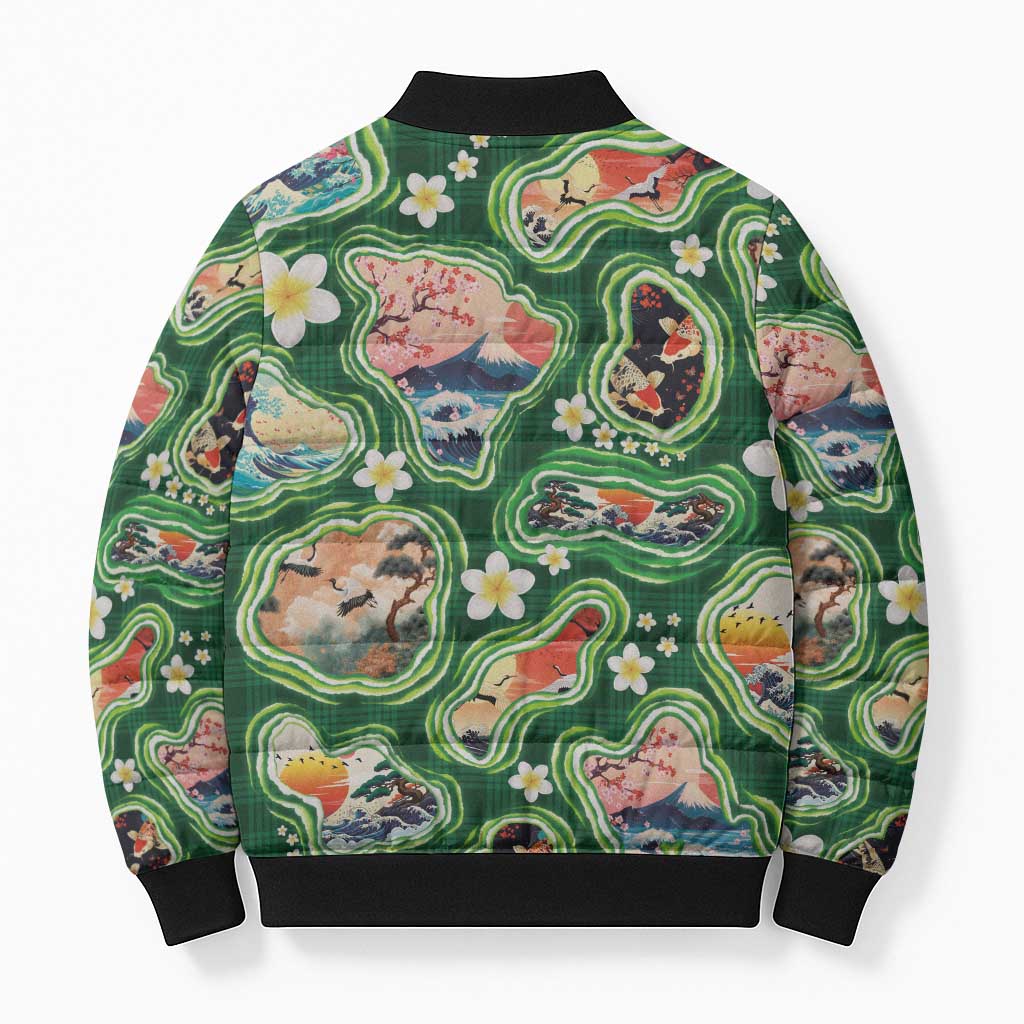 Hawaiian and Japanese Culture Together Bomber Puffer Jacket Hawaiian Island Shapes with Japanese Landscape Green Color