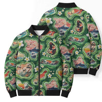 Hawaiian and Japanese Culture Together Bomber Puffer Jacket Hawaiian Island Shapes with Japanese Landscape Green Color