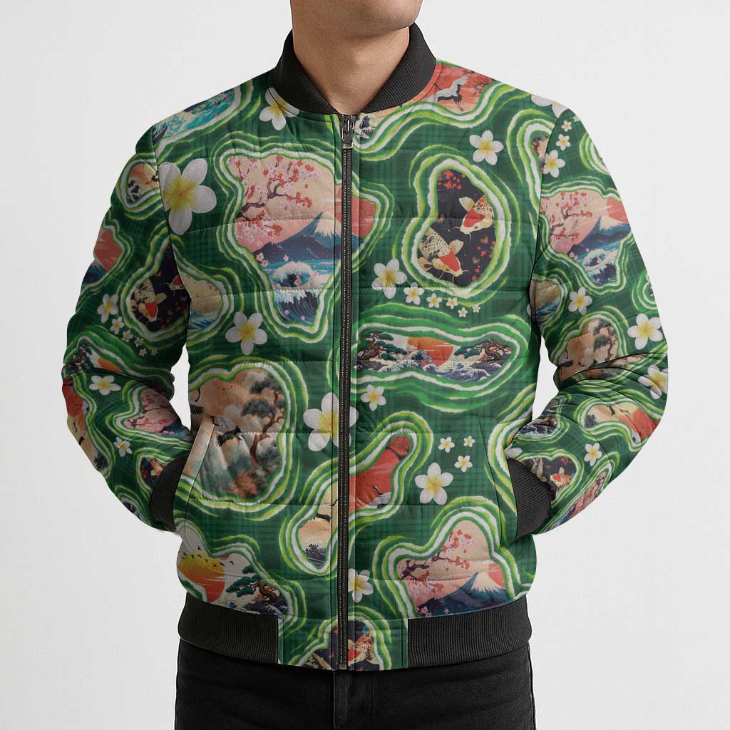 Hawaiian and Japanese Culture Together Bomber Puffer Jacket Hawaiian Island Shapes with Japanese Landscape Green Color