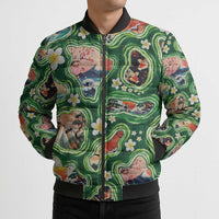 Hawaiian and Japanese Culture Together Bomber Puffer Jacket Hawaiian Island Shapes with Japanese Landscape Green Color