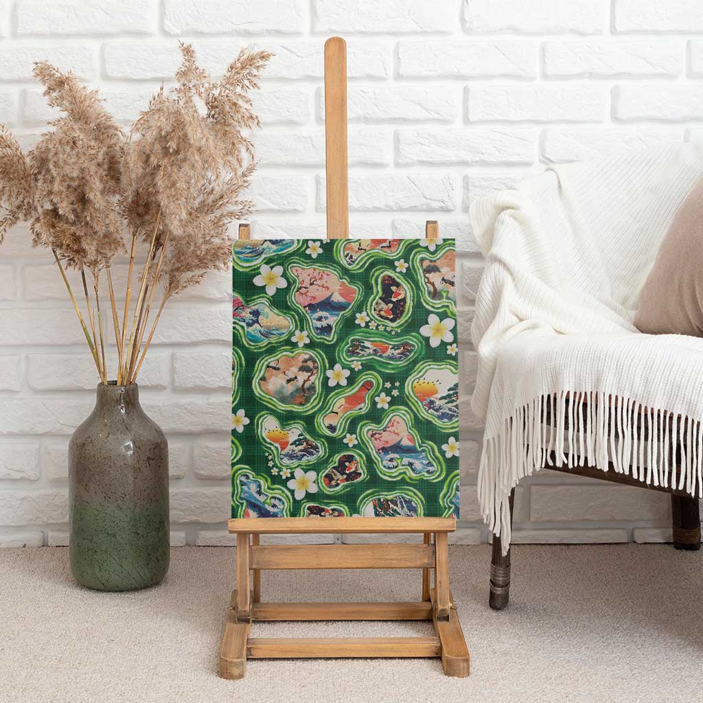 Hawaiian and Japanese Culture Together Canvas Wall Art Hawaiian Island Shapes with Japanese Landscape Green Color