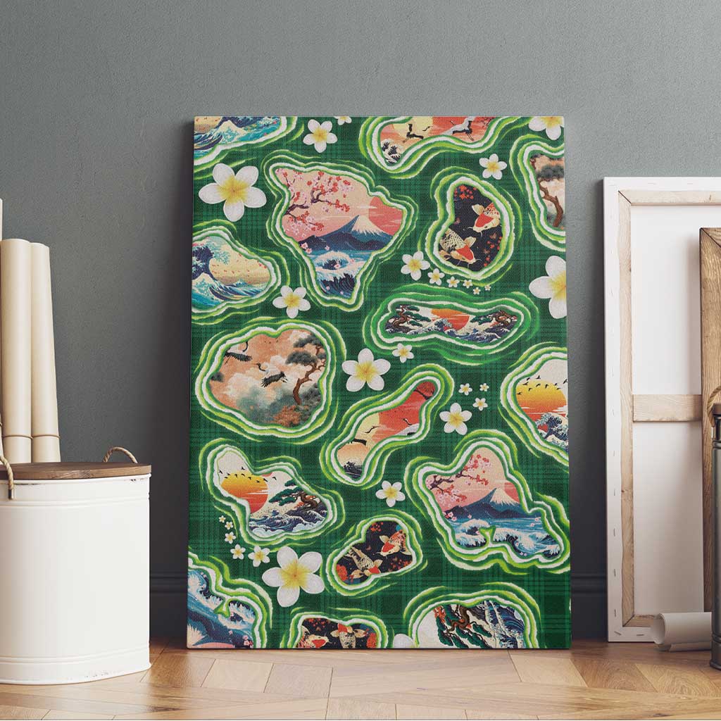 Hawaiian and Japanese Culture Together Canvas Wall Art Hawaiian Island Shapes with Japanese Landscape Green Color