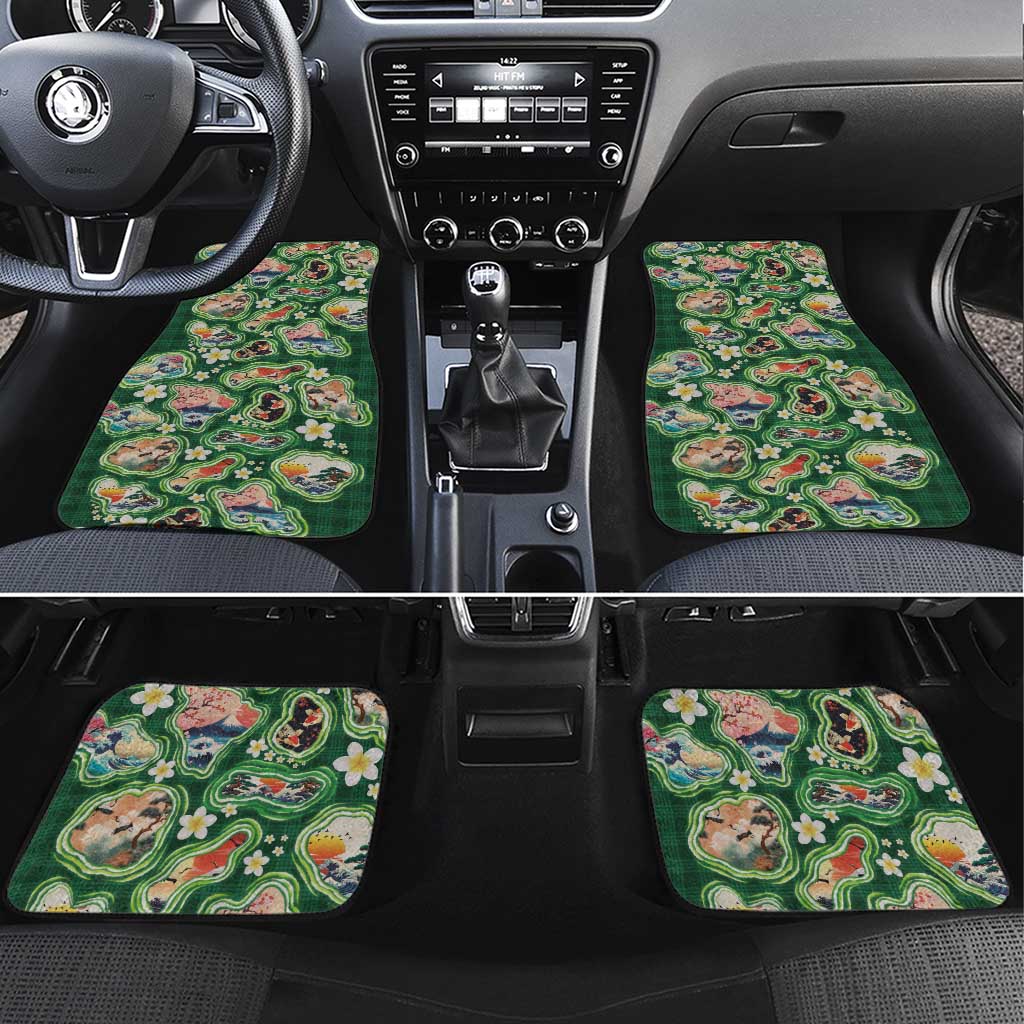 Hawaiian and Japanese Culture Together Car Mats Hawaiian Island Shapes with Japanese Landscape Green Color LT03 Set 4pcs Green - Polynesian Pride