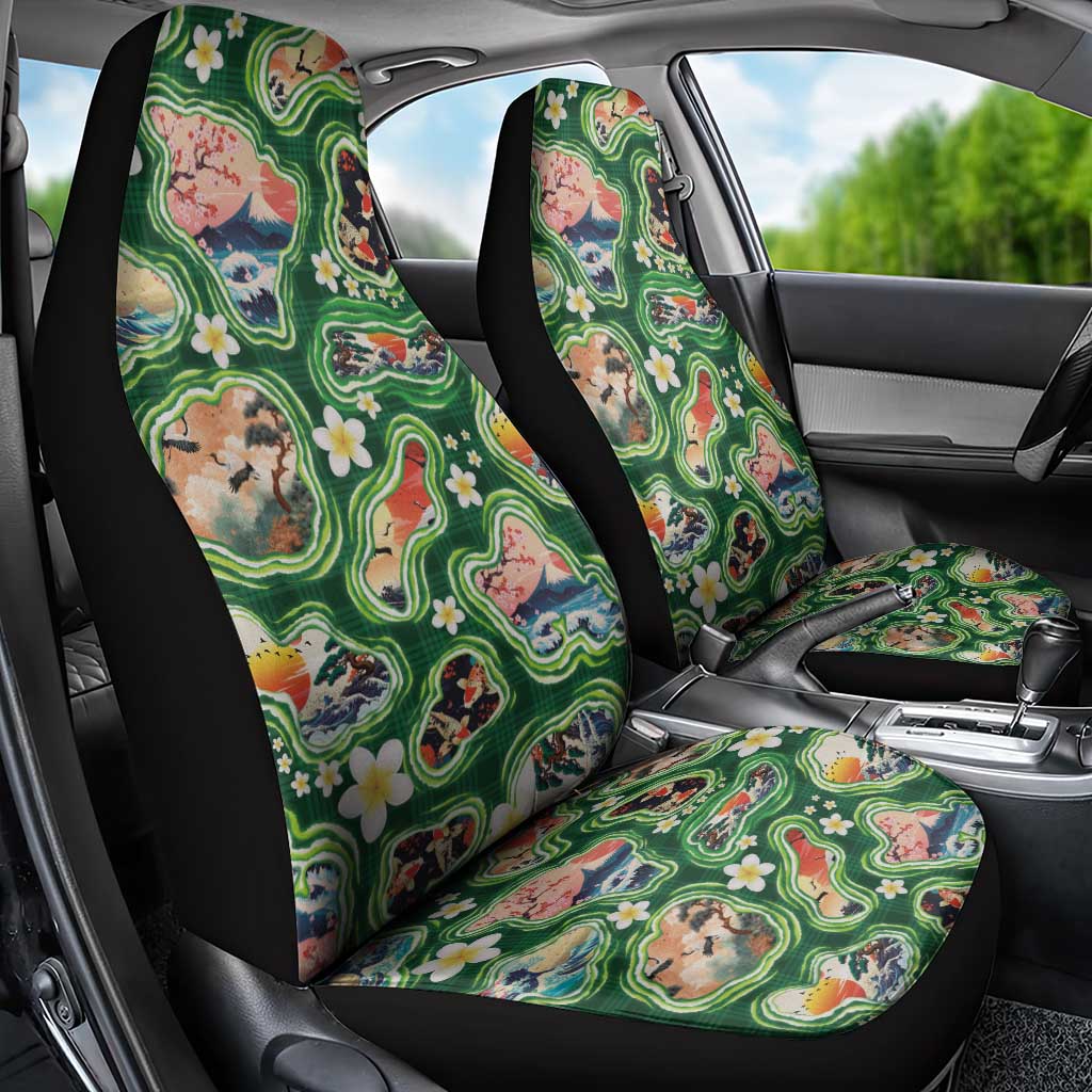 Hawaiian and Japanese Culture Together Car Seat Cover Hawaiian Island Shapes with Japanese Landscape Green Color