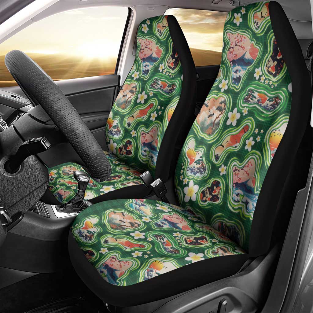 Hawaiian and Japanese Culture Together Car Seat Cover Hawaiian Island Shapes with Japanese Landscape Green Color