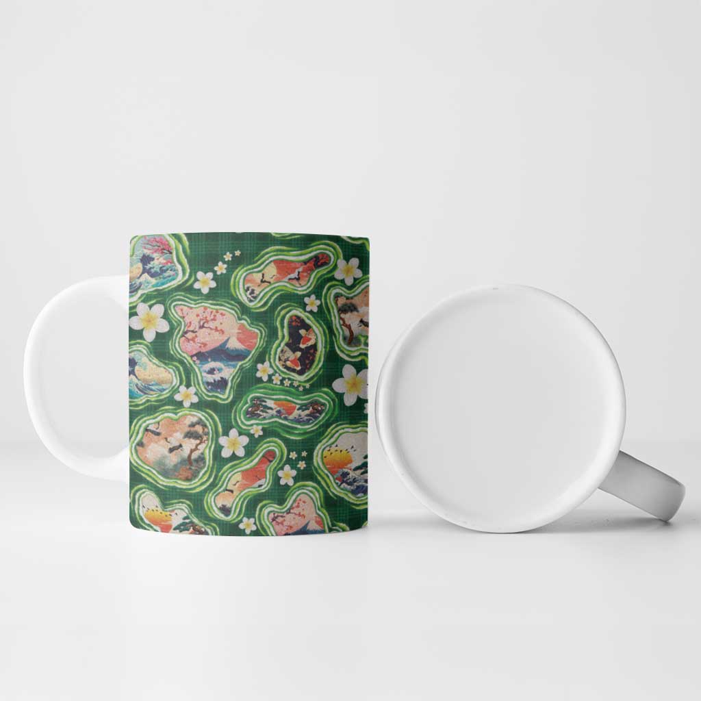 Hawaiian and Japanese Culture Together Ceramic Mug Hawaiian Island Shapes with Japanese Landscape Green Color