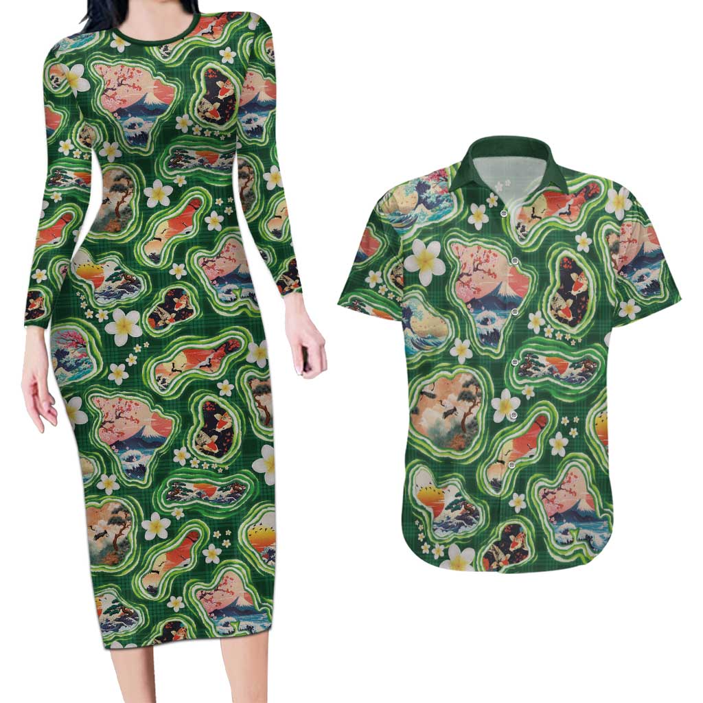 Hawaiian and Japanese Culture Together Couples Matching Long Sleeve Bodycon Dress and Hawaiian Shirt Hawaiian Island Shapes with Japanese Landscape Green Color