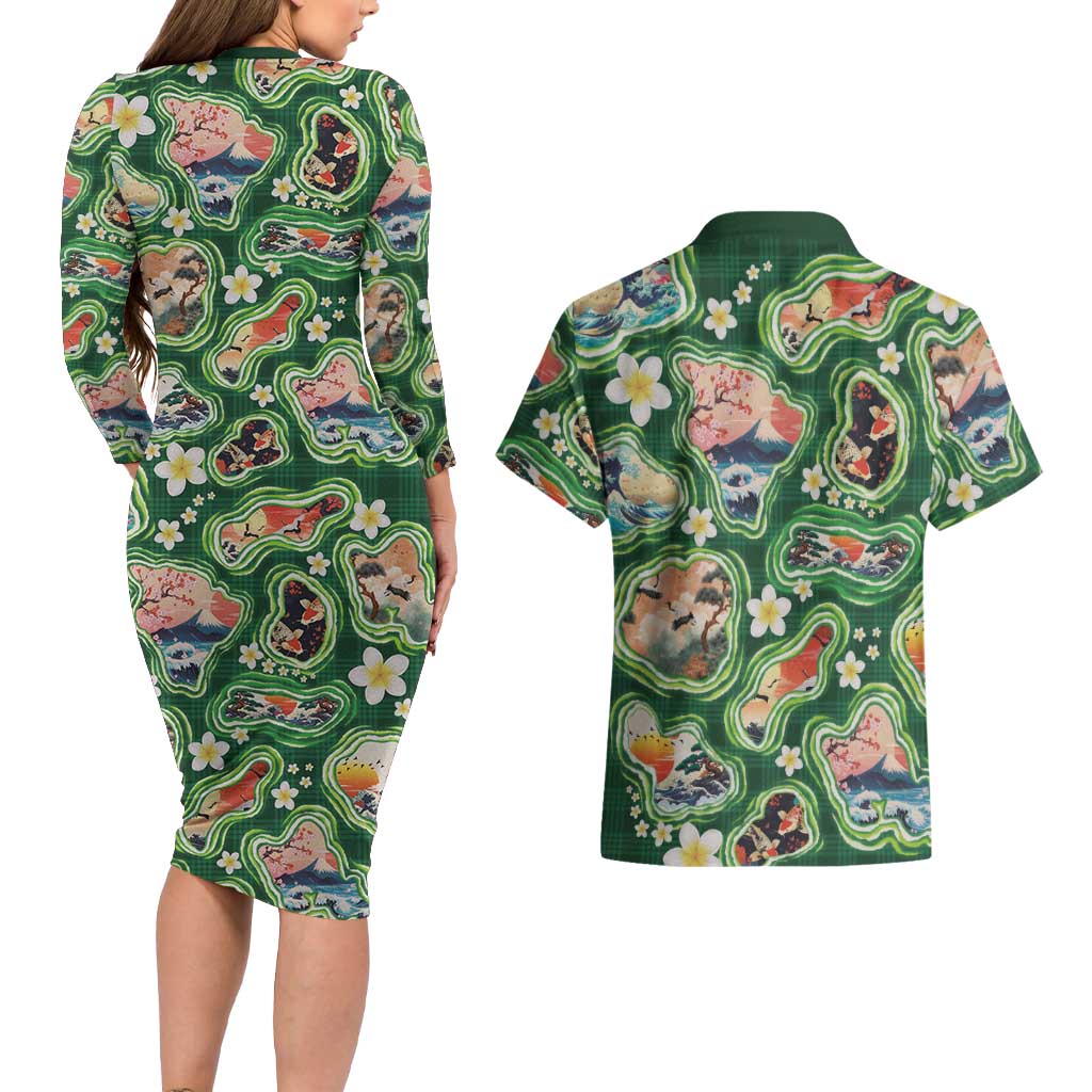 Hawaiian and Japanese Culture Together Couples Matching Long Sleeve Bodycon Dress and Hawaiian Shirt Hawaiian Island Shapes with Japanese Landscape Green Color