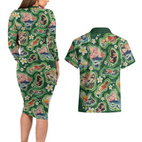 Hawaiian and Japanese Culture Together Couples Matching Long Sleeve Bodycon Dress and Hawaiian Shirt Hawaiian Island Shapes with Japanese Landscape Green Color
