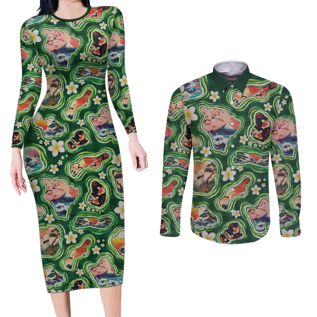 Hawaiian and Japanese Culture Together Couples Matching Long Sleeve Bodycon Dress and Long Sleeve Button Shirt Hawaiian Island Shapes with Japanese Landscape Green Color
