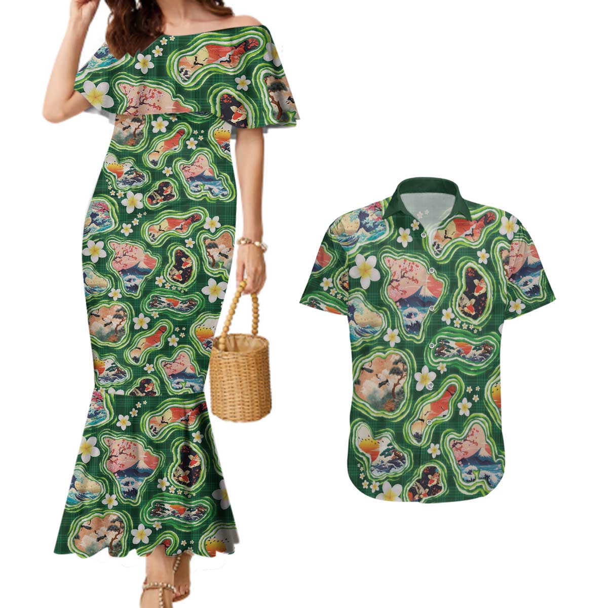 Hawaiian and Japanese Culture Together Couples Matching Mermaid Dress and Hawaiian Shirt Hawaiian Island Shapes with Japanese Landscape Green Color