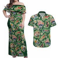 Hawaiian and Japanese Culture Together Couples Matching Off Shoulder Maxi Dress and Hawaiian Shirt Hawaiian Island Shapes with Japanese Landscape Green Color