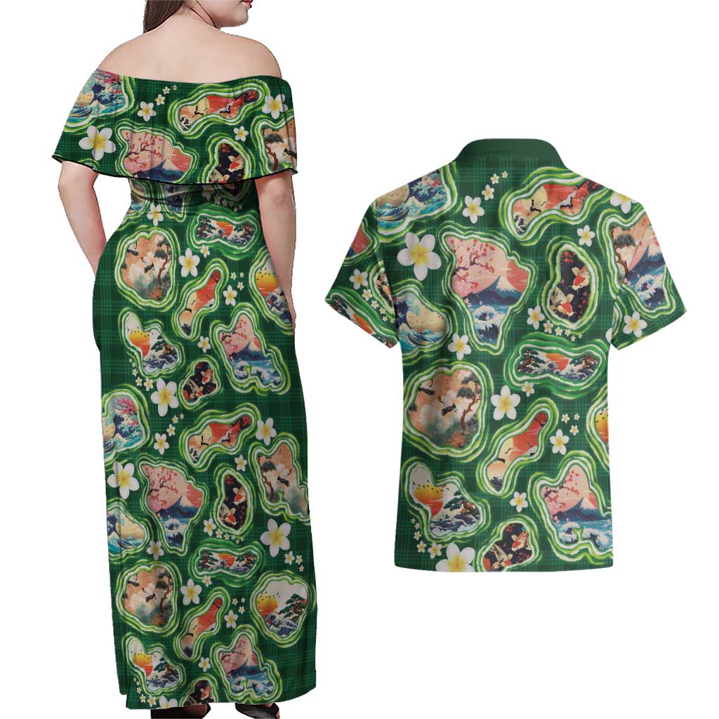 Hawaiian and Japanese Culture Together Couples Matching Off Shoulder Maxi Dress and Hawaiian Shirt Hawaiian Island Shapes with Japanese Landscape Green Color