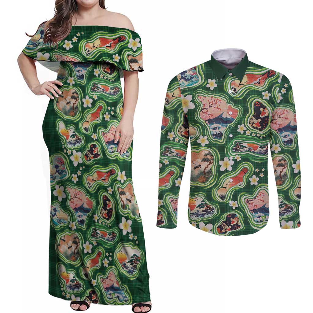 Hawaiian and Japanese Culture Together Couples Matching Off Shoulder Maxi Dress and Long Sleeve Button Shirt Hawaiian Island Shapes with Japanese Landscape Green Color