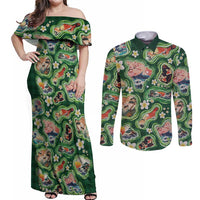 Hawaiian and Japanese Culture Together Couples Matching Off Shoulder Maxi Dress and Long Sleeve Button Shirt Hawaiian Island Shapes with Japanese Landscape Green Color