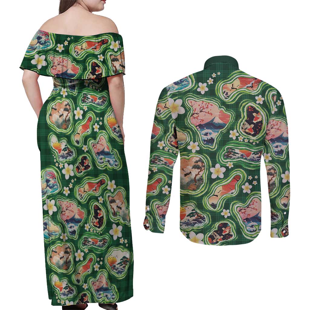 Hawaiian and Japanese Culture Together Couples Matching Off Shoulder Maxi Dress and Long Sleeve Button Shirt Hawaiian Island Shapes with Japanese Landscape Green Color