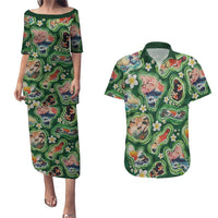 Hawaiian and Japanese Culture Together Couples Matching Puletasi and Hawaiian Shirt Hawaiian Island Shapes with Japanese Landscape Green Color