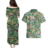 Hawaiian and Japanese Culture Together Couples Matching Puletasi and Hawaiian Shirt Hawaiian Island Shapes with Japanese Landscape Green Color