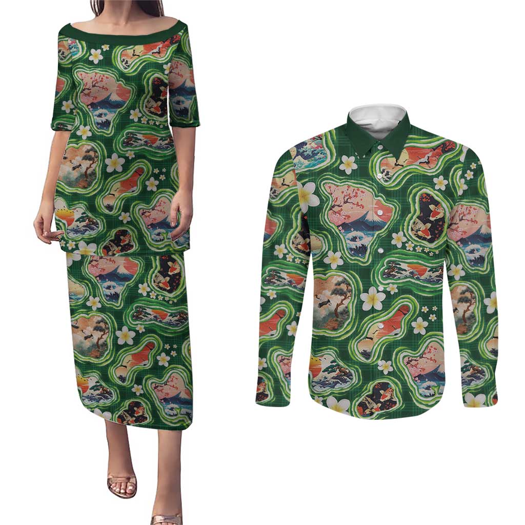 Hawaiian and Japanese Culture Together Couples Matching Puletasi and Long Sleeve Button Shirt Hawaiian Island Shapes with Japanese Landscape Green Color