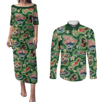 Hawaiian and Japanese Culture Together Couples Matching Puletasi and Long Sleeve Button Shirt Hawaiian Island Shapes with Japanese Landscape Green Color