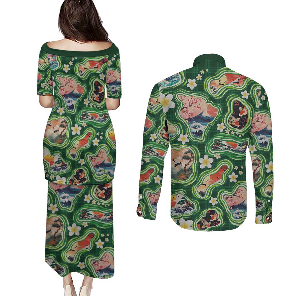Hawaiian and Japanese Culture Together Couples Matching Puletasi and Long Sleeve Button Shirt Hawaiian Island Shapes with Japanese Landscape Green Color