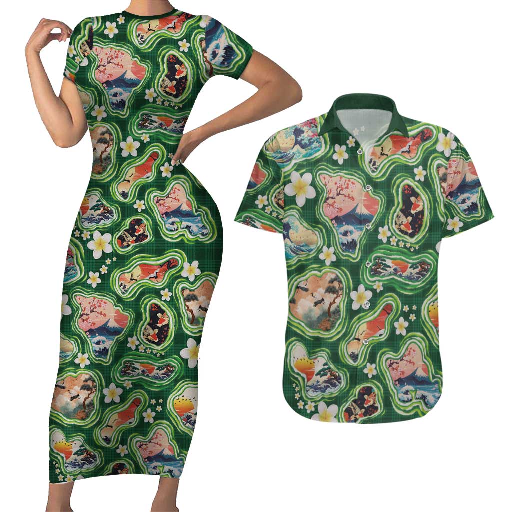 Hawaiian and Japanese Culture Together Couples Matching Short Sleeve Bodycon Dress and Hawaiian Shirt Hawaiian Island Shapes with Japanese Landscape Green Color LT03 Green - Polynesian Pride
